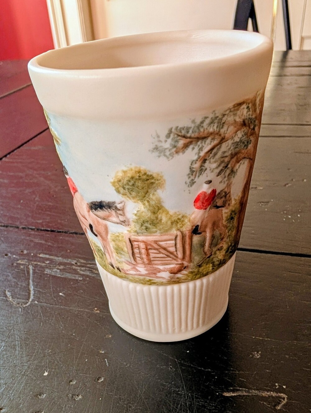Vintage 1976 Hand-Painted Fox Hunt Ceramic Tumbler Signed Folk Art